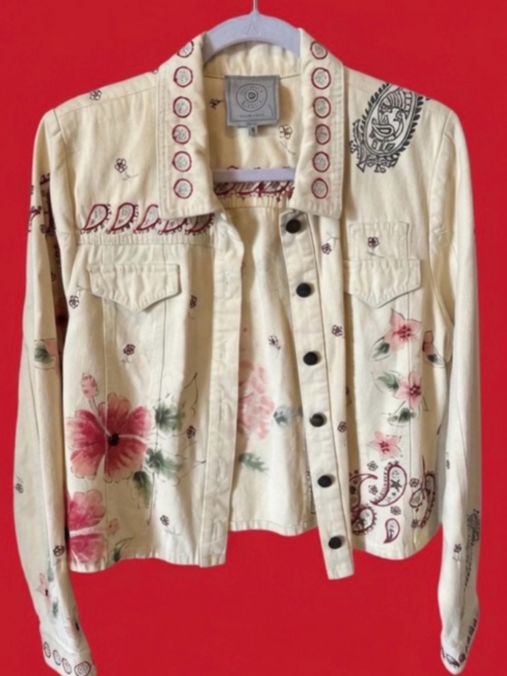 Double D Ranch western embroidered floral yellow denim Jean jacket RTL $425 M